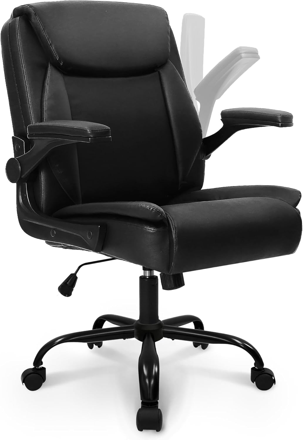 NEO CHAIR Office Desk Computer Chair Ergonomic Executive Mid-Back Leather Gaming Chair with Adjustable Flip-Up Armrests Wheels Swivel for Home Study Task (Jet Black)
