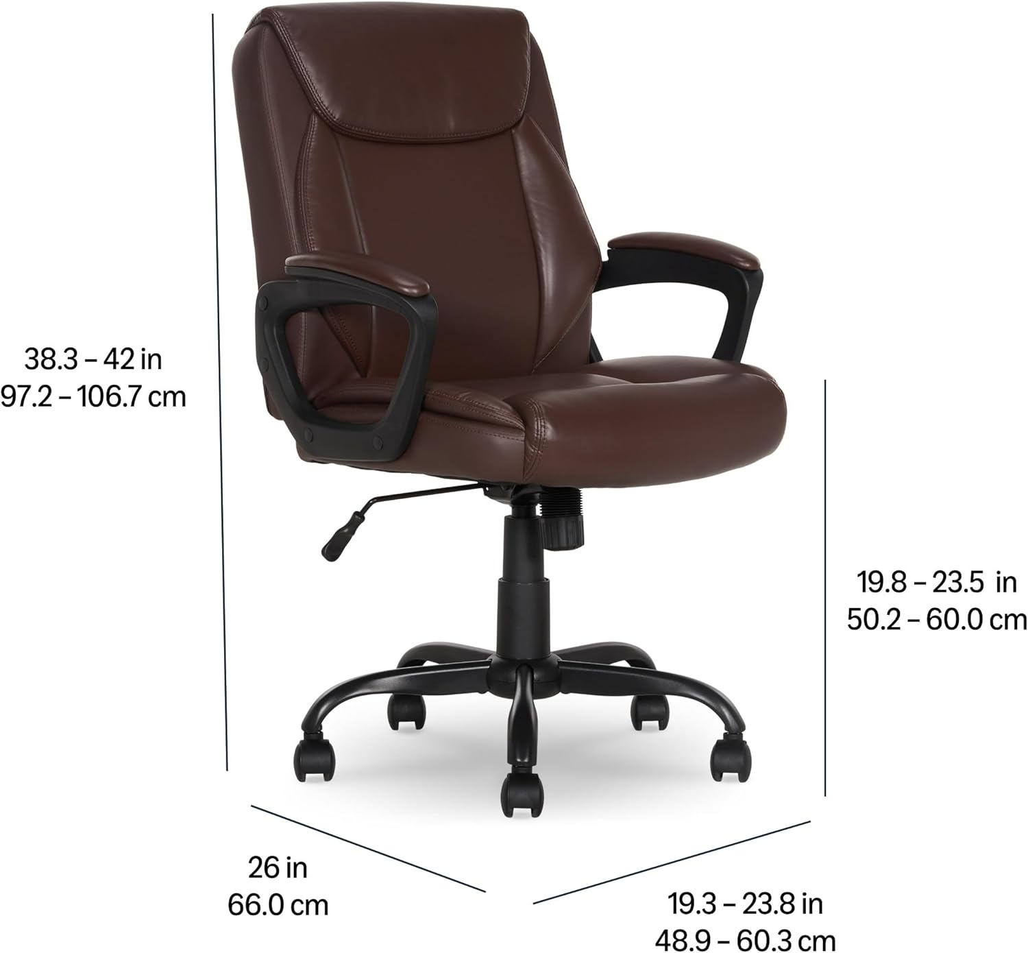 Amazon Basics Classic Puresoft PU Padded Mid-Back Height Adjustable Office Computer Desk Chair with Armrest, 25.75"D x 24.25"W x 42.25"H, Brown