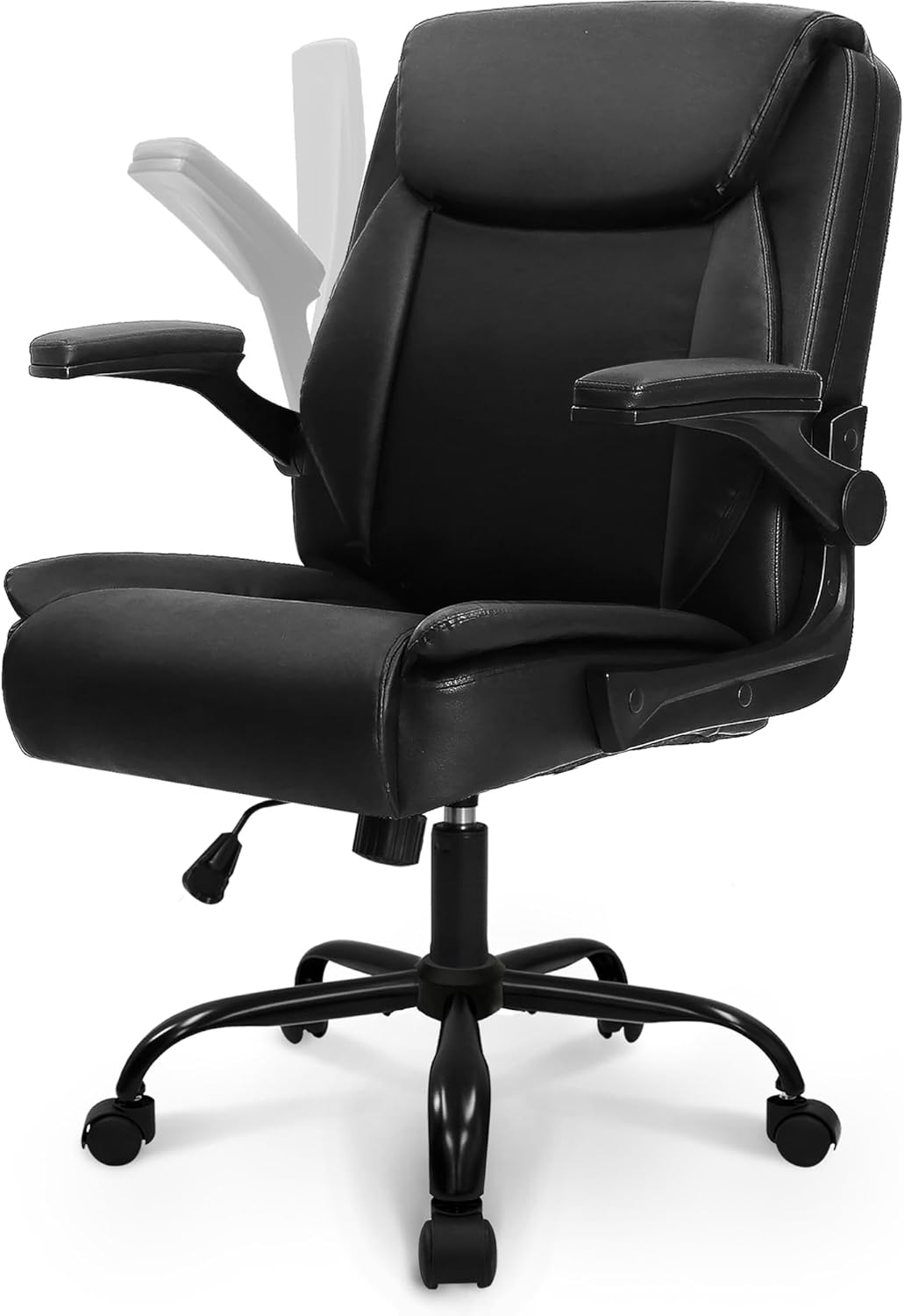 NEO CHAIR Office Desk Computer Chair Ergonomic Executive Mid-Back Leather Gaming Chair with Adjustable Flip-Up Armrests Wheels Swivel for Home Study Task (Jet Black)