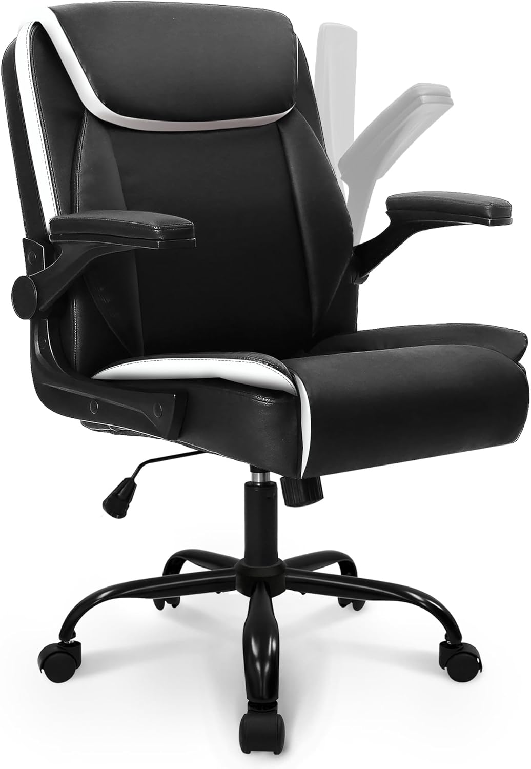 NEO CHAIR Office Desk Computer Chair Ergonomic Executive Mid-Back Leather Gaming Chair with Adjustable Flip-Up Armrests Wheels Swivel for Home Study Task (Jet Black)