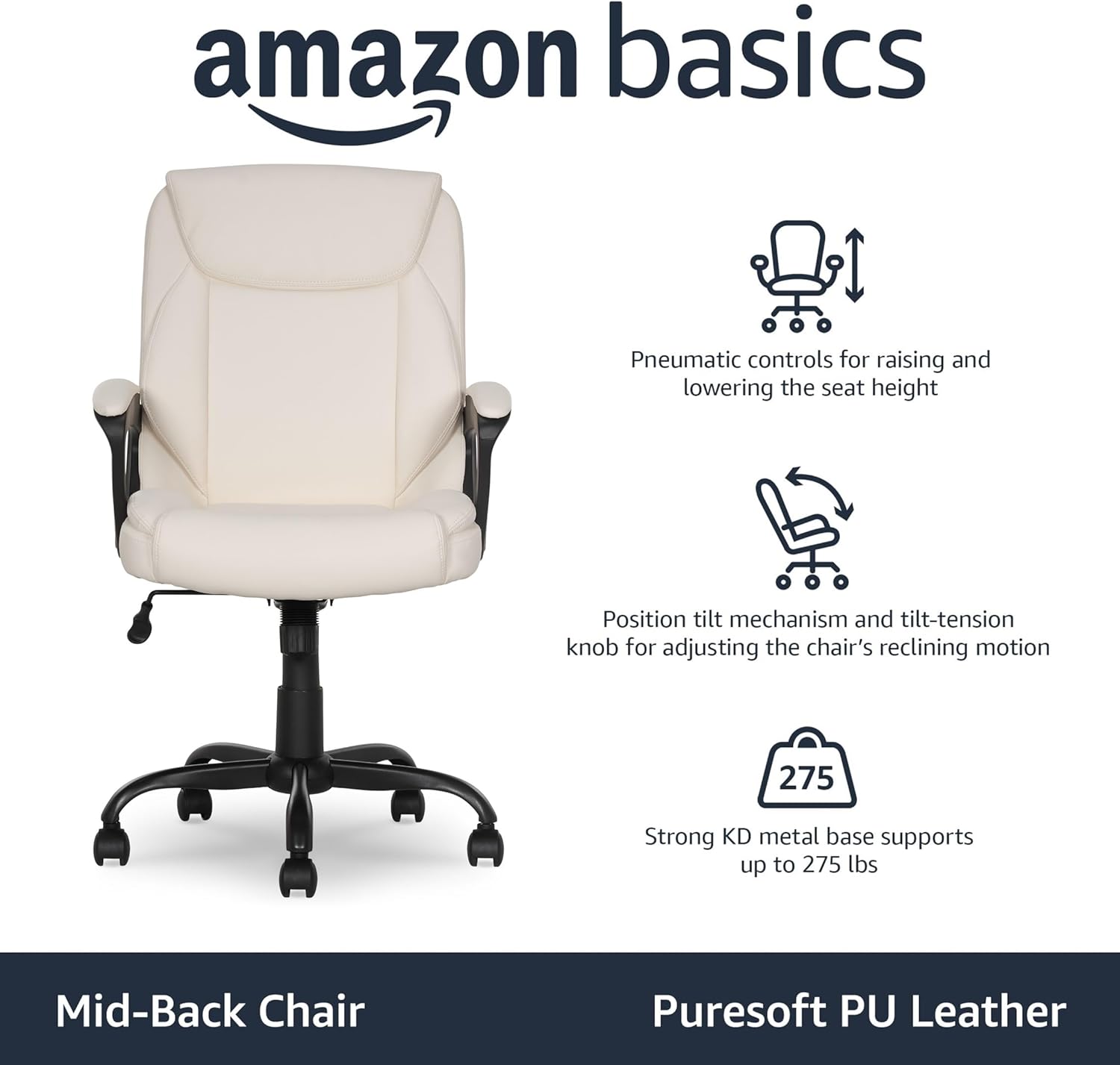 Amazon Basics Classic Puresoft PU Padded Mid-Back Height Adjustable Office Computer Desk Chair with Armrest, 26"D x 23.75"W x 42"H, Cream