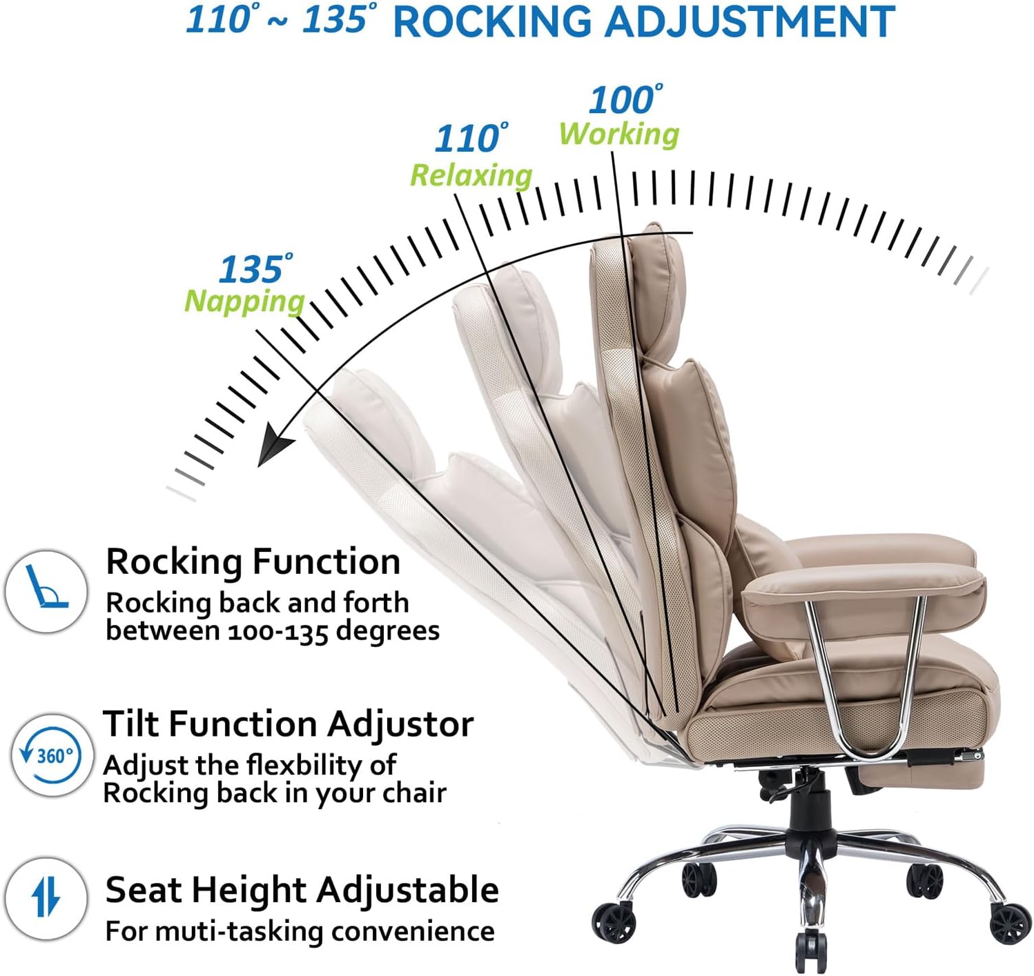 Efomao Big and Tall Office Chair 400lbs – PU Leather Executive Office Chair with Lumbar Support & Leg Rest, Heavy-Duty Computer Chair for Home Office, Dark Beige