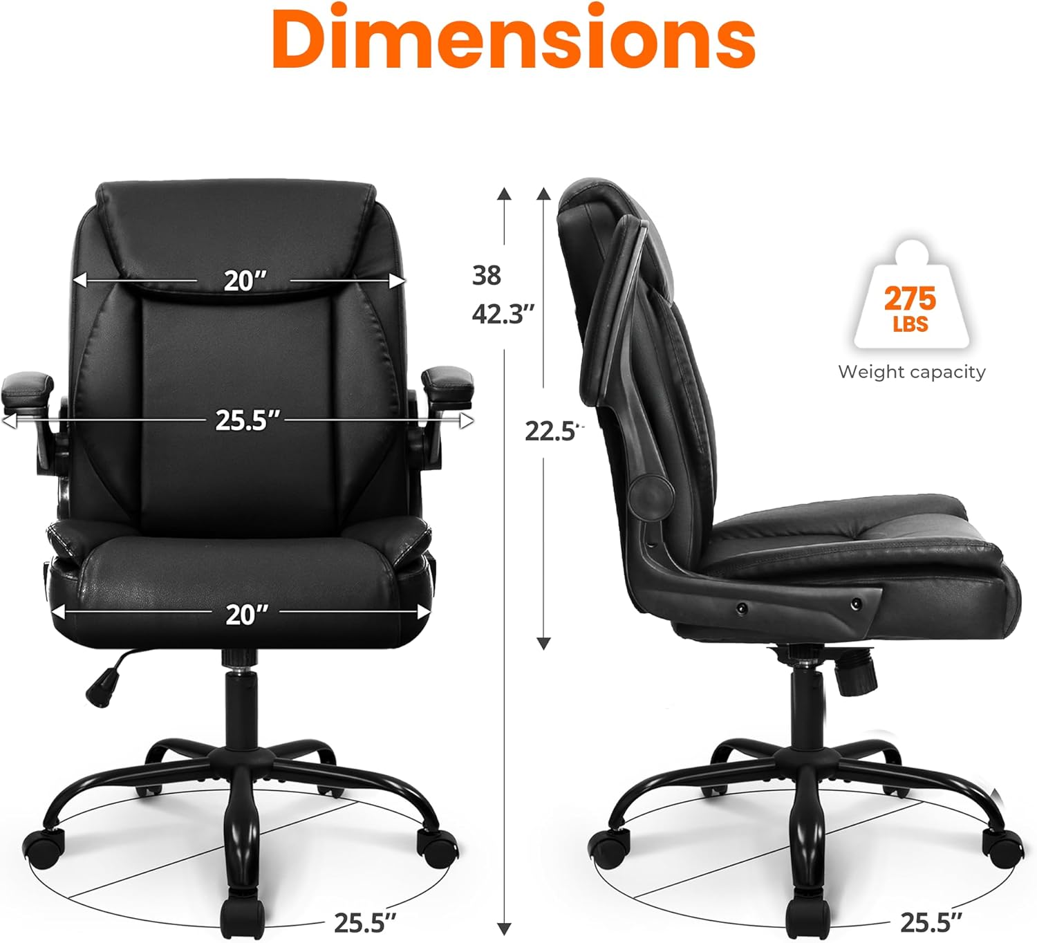 NEO CHAIR Office Desk Computer Chair Ergonomic Executive Mid-Back Leather Gaming Chair with Adjustable Flip-Up Armrests Wheels Swivel for Home Study Task (Jet Black)