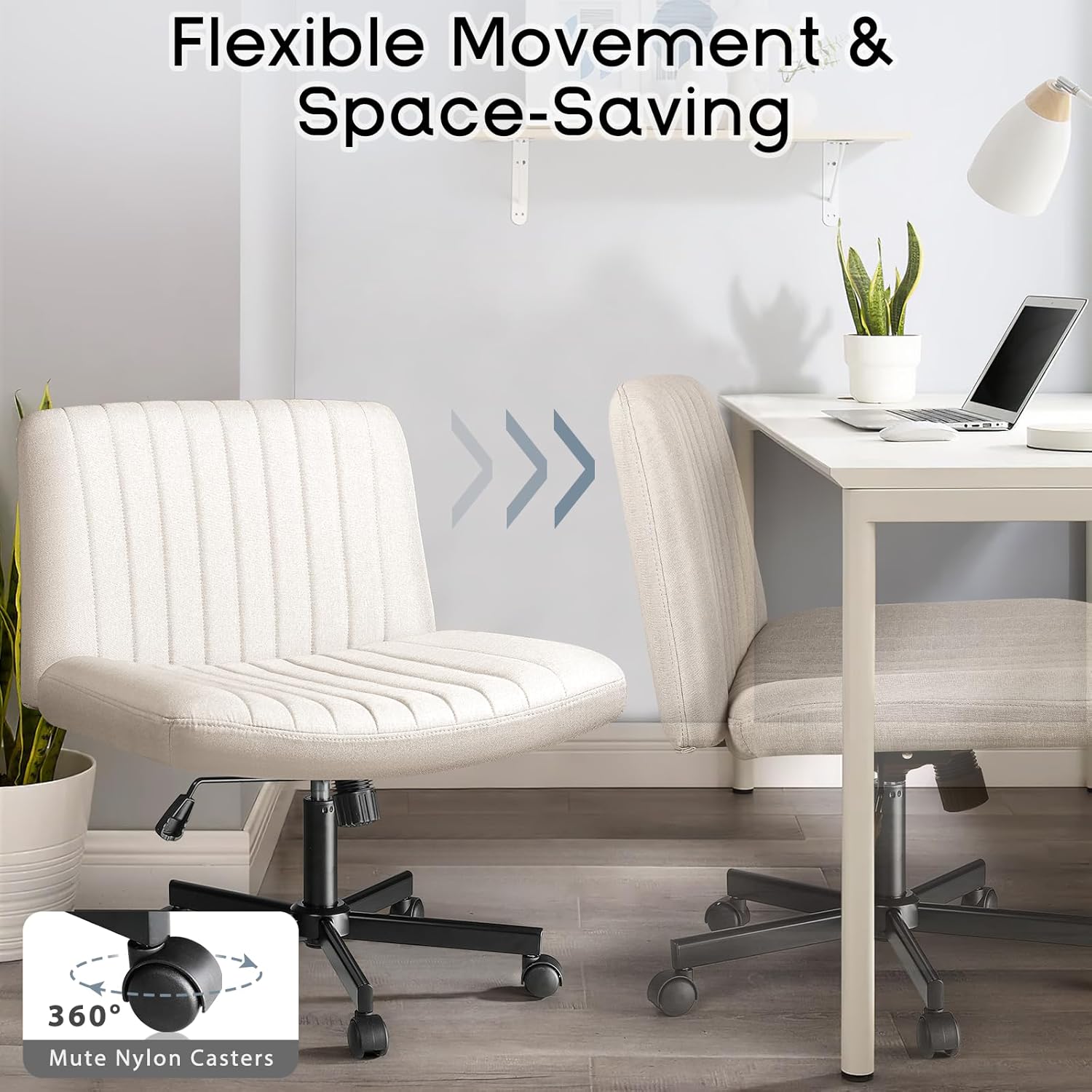 PUKAMI Criss Cross Chair with Wheels,Fabric Padded Armless Cross Legged Office Desk Chair for Home Office,Modern Swivel Height Adjustable Wide Seat(Beige)