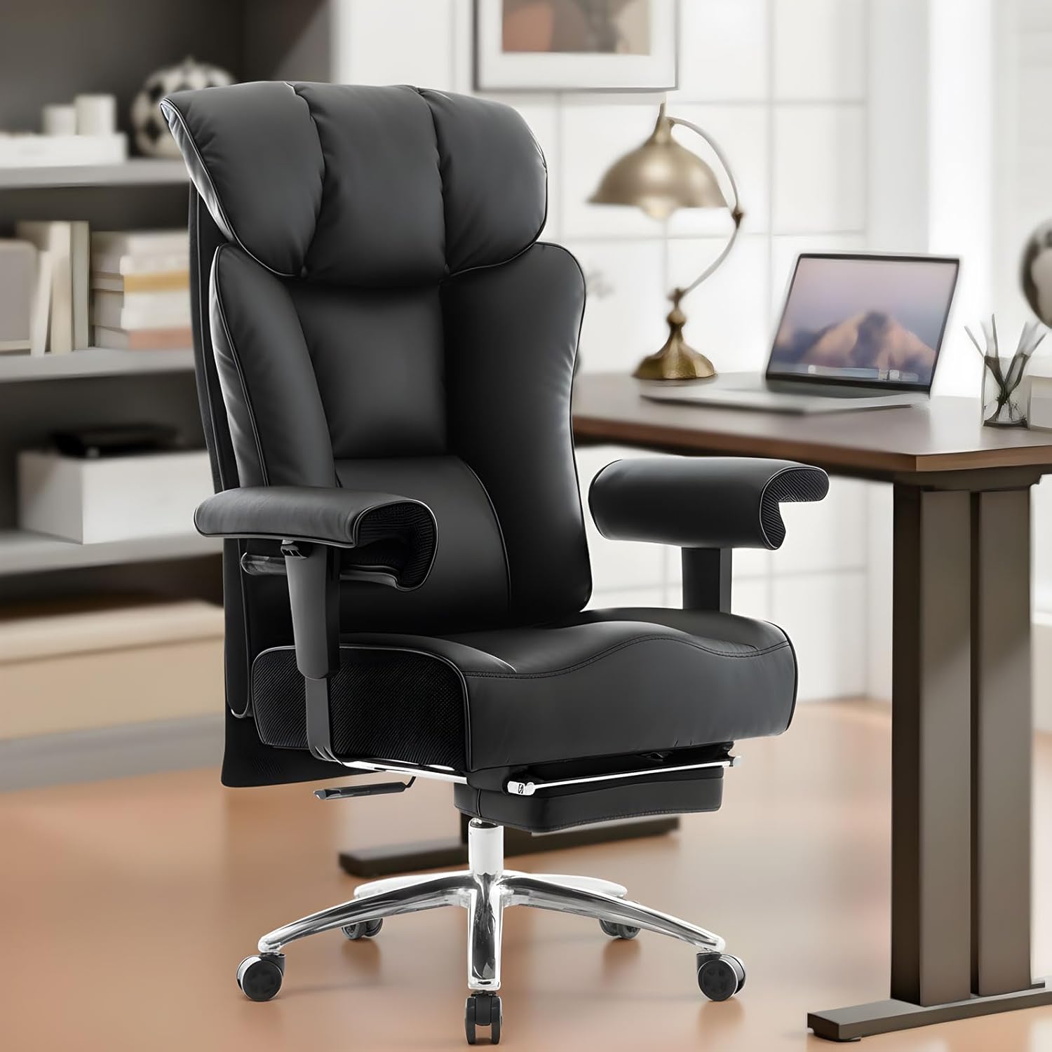 Efomao Big and Tall Office Chair 400lbs – PU Leather Executive Office Chair with Lumbar Support & Leg Rest, Heavy-Duty Computer Chair for Home Office, Dark Beige