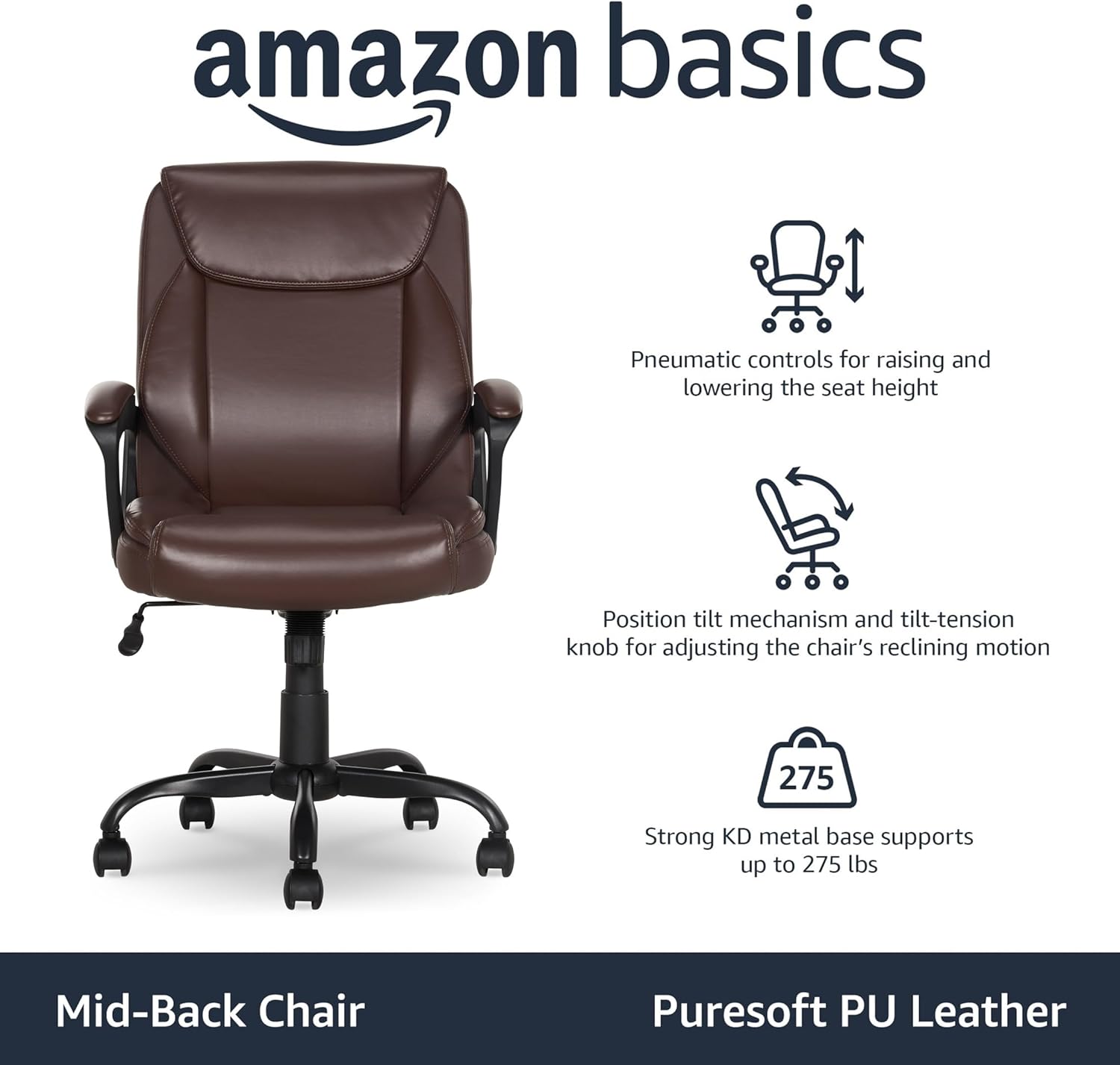 Amazon Basics Classic Puresoft PU Padded Mid-Back Height Adjustable Office Computer Desk Chair with Armrest, 25.75"D x 24.25"W x 42.25"H, Brown