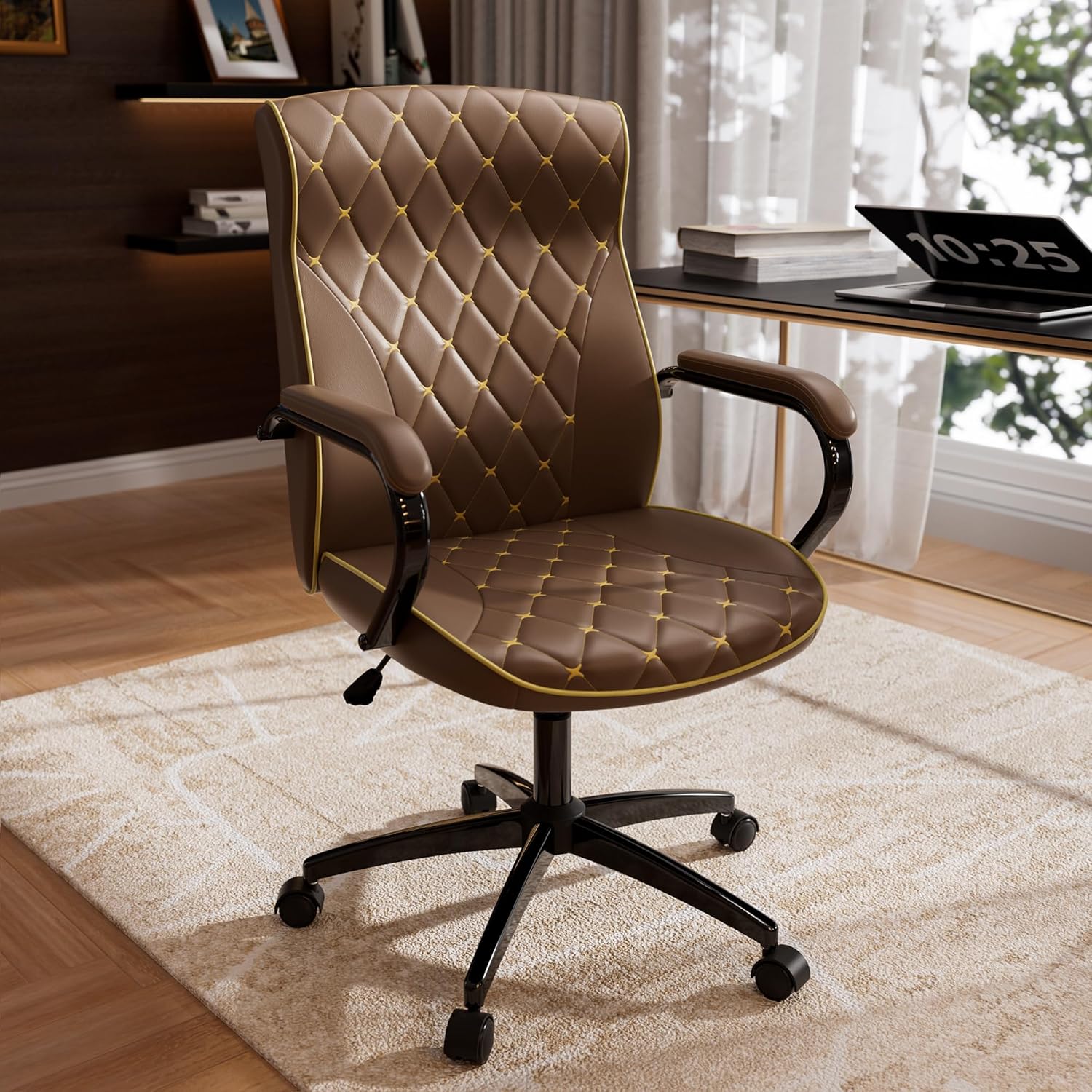 Black and Gold Office Chair with Soft Leather Embroidery, Mid Back Vintage Swivel Executive Desk Chair with Wheels and Padded Arms, Adjustable Height