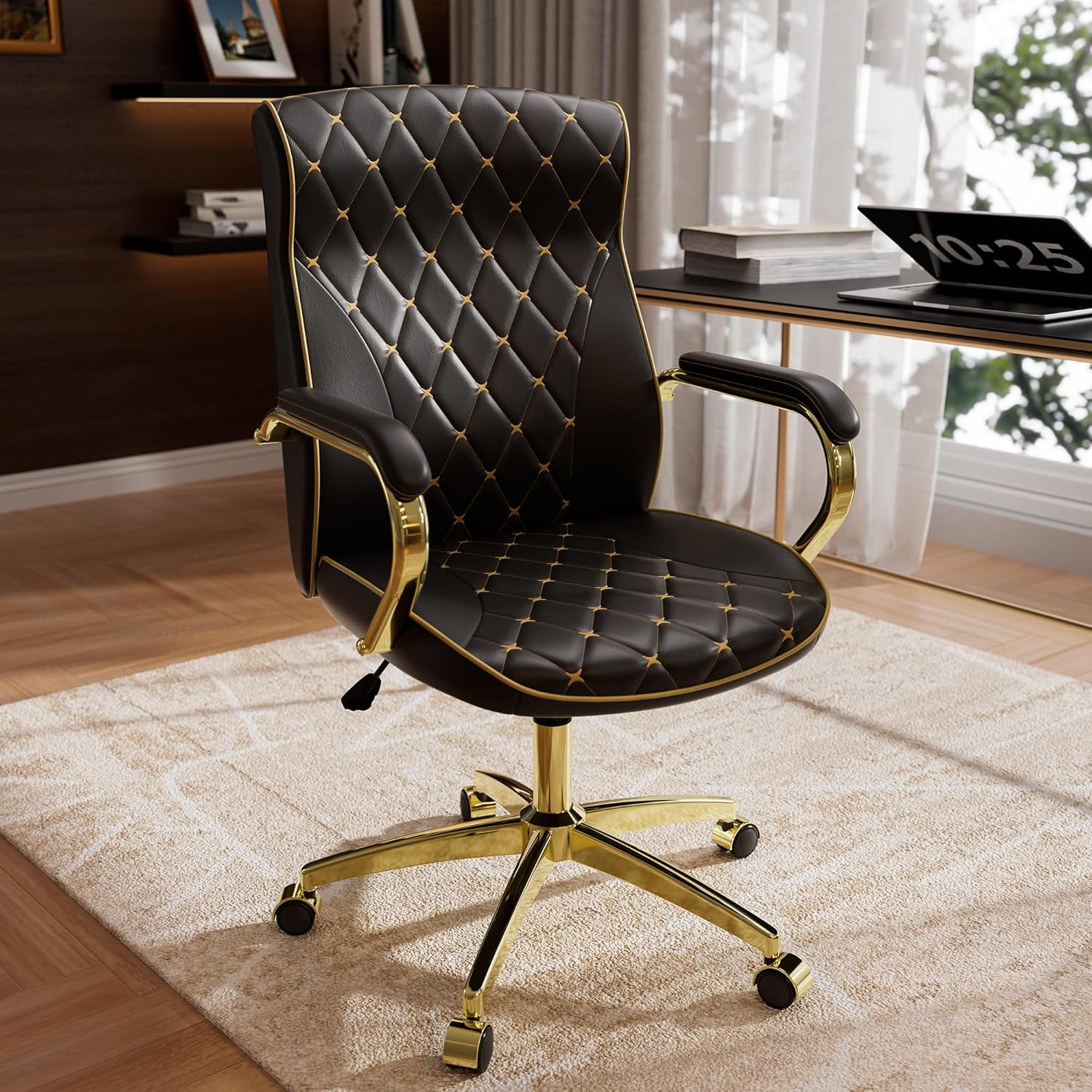 Black and Gold Office Chair with Soft Leather Embroidery, Mid Back Vintage Swivel Executive Desk Chair with Wheels and Padded Arms, Adjustable Height