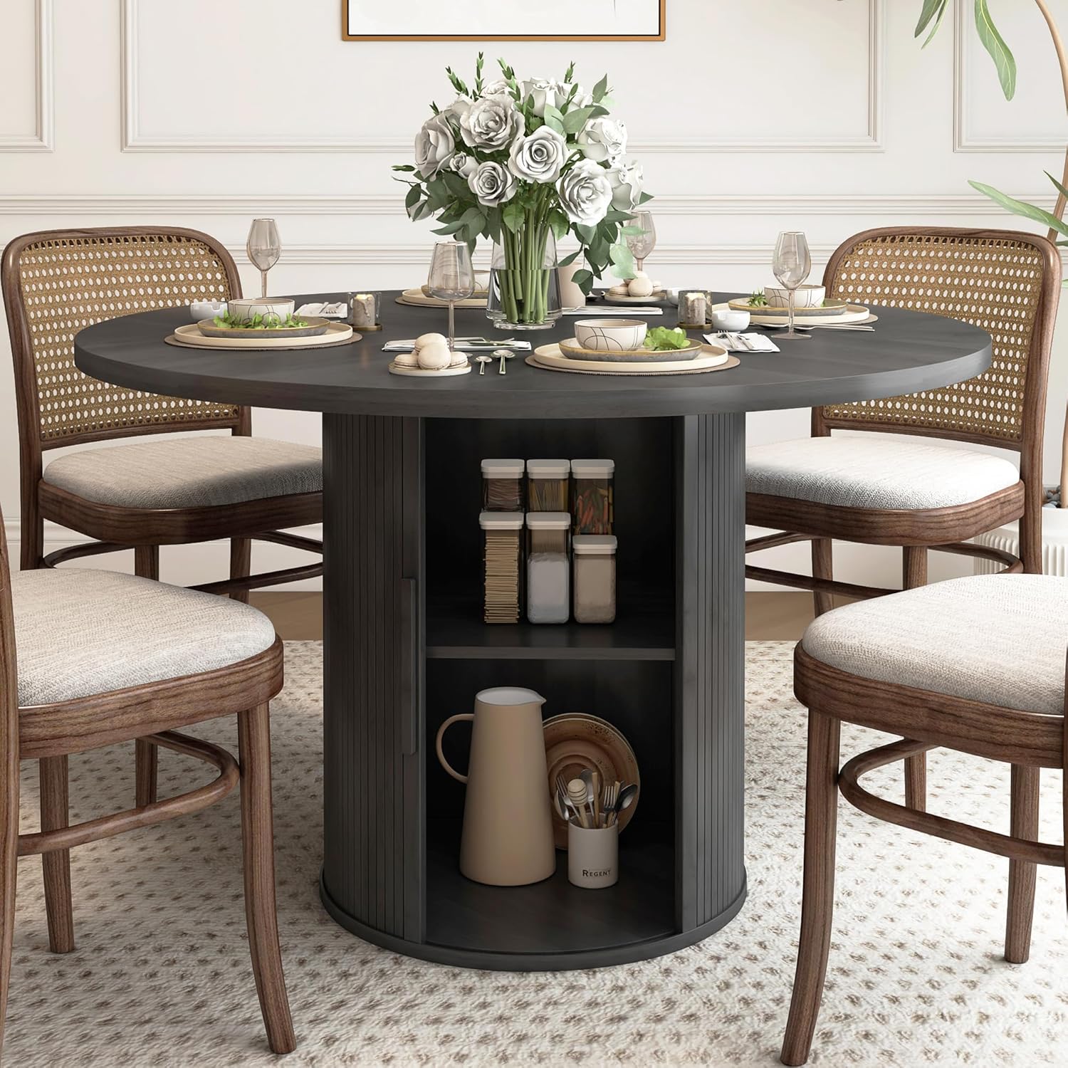 31.5" Round Dining Table for 2-4, Modern Farmhouse Kitchen Table with 2-Tier Storage Shelf, Small Wooden Circle Dining Tables with Fluted Base for Home Dining Room Living Room (Walnut)