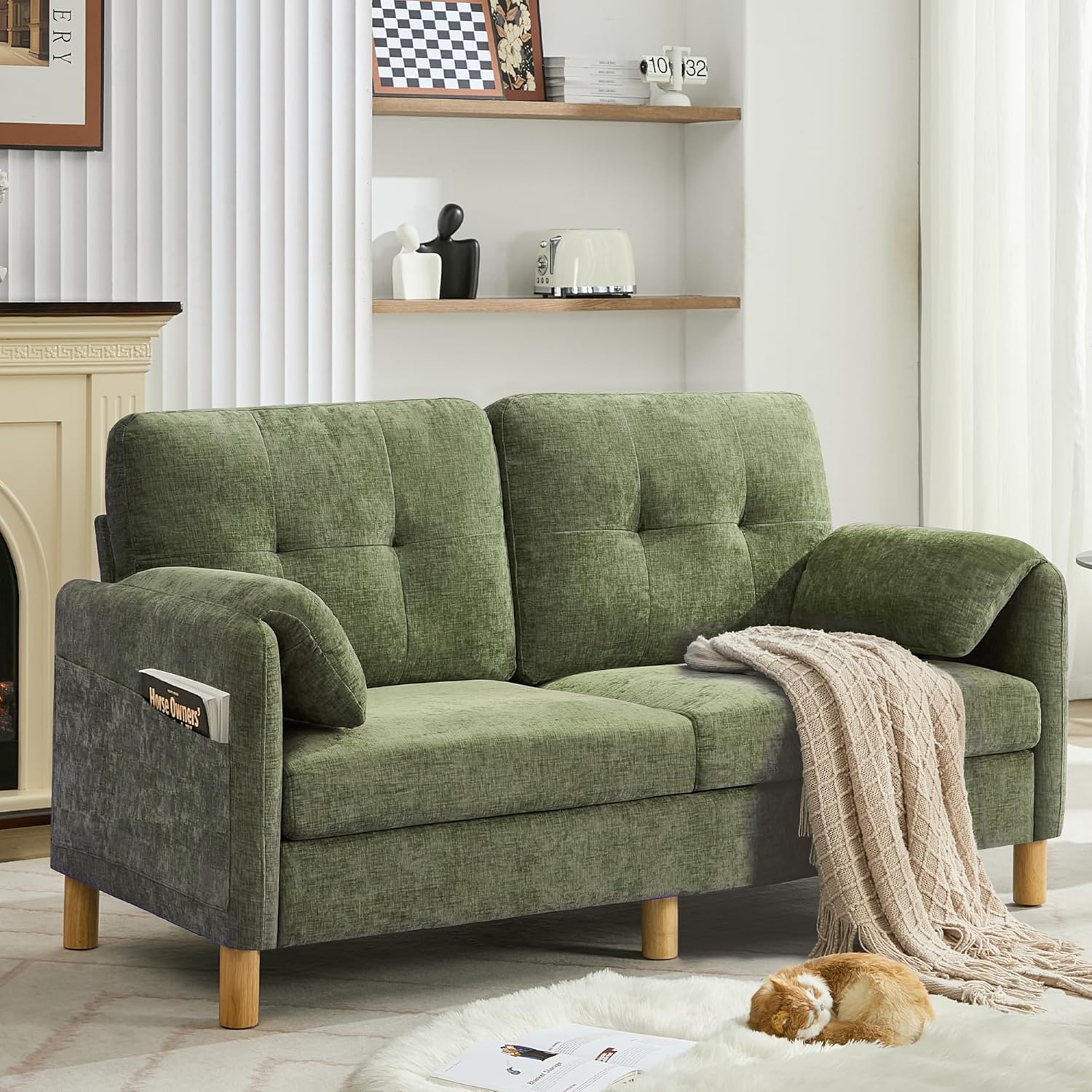 65" Chenille Loveseat Sofa, Modern 2-Seater Love Seat Couch with Armrest Pillows, Storage Pockets, Easy Assembly, Upholstered Tufted Loveseat Sofa Couches for Living Room Bedroom, Beige