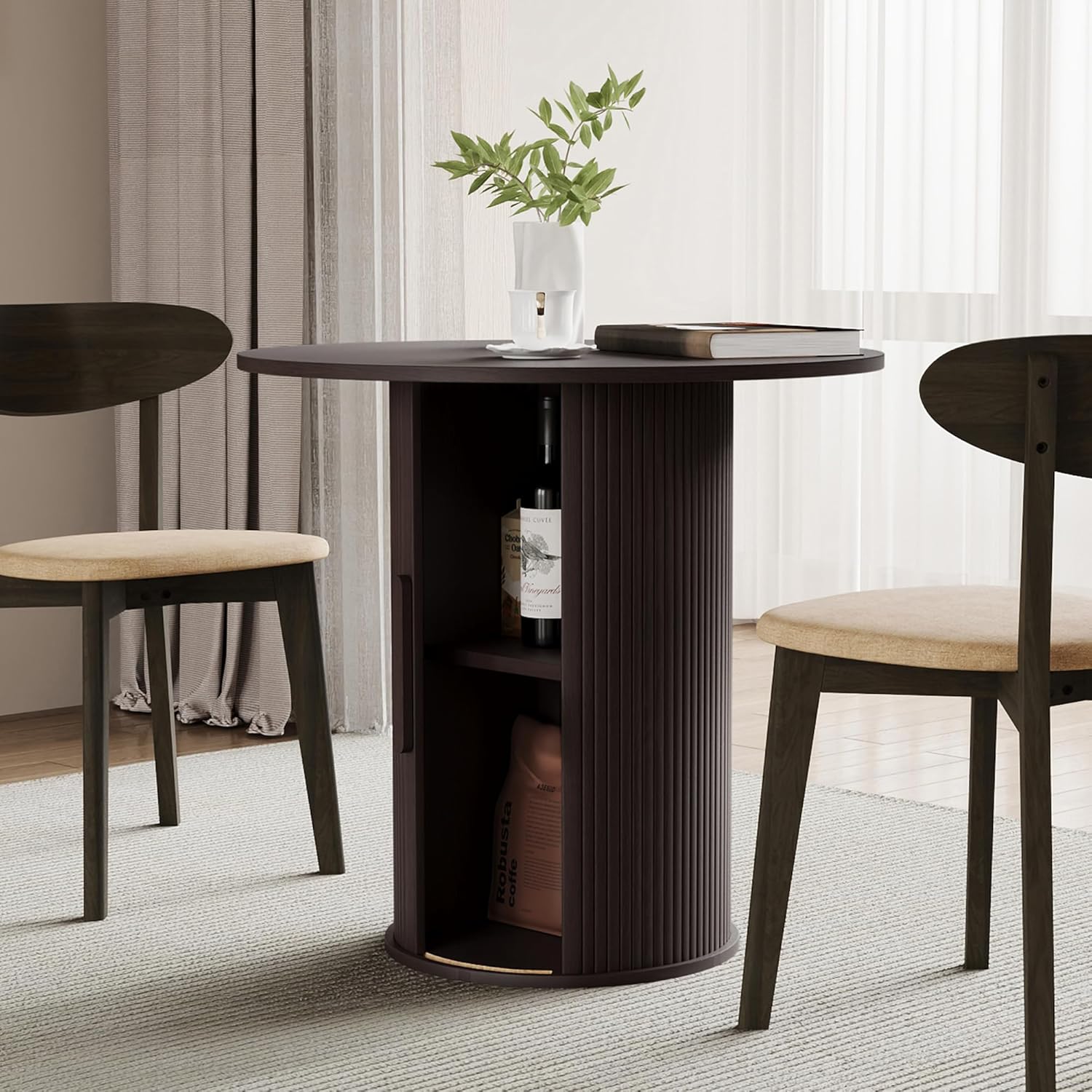 31.5" Round Dining Table for 2-4, Modern Farmhouse Kitchen Table with 2-Tier Storage Shelf, Small Wooden Circle Dining Tables with Fluted Base for Home Dining Room Living Room (Walnut)