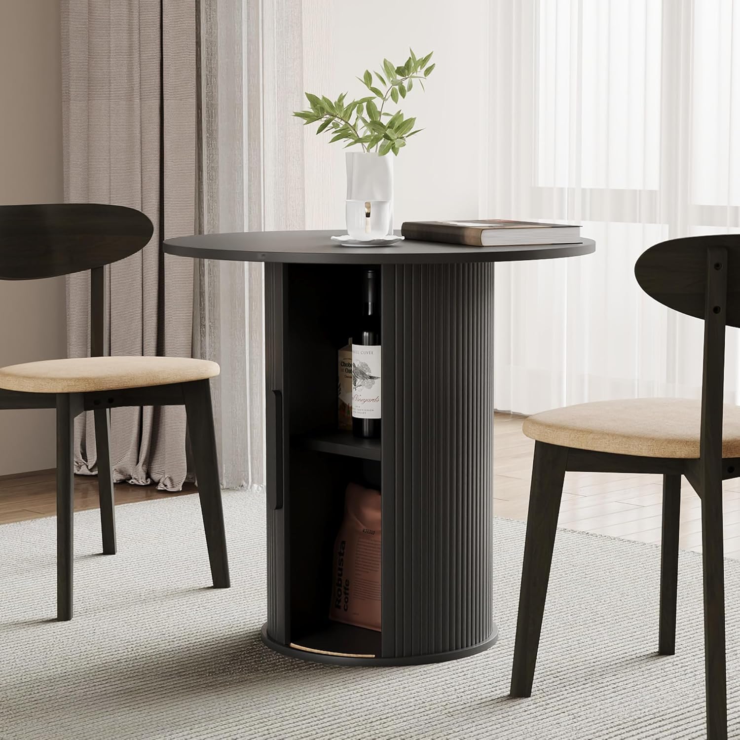 31.5" Round Dining Table for 2-4, Modern Farmhouse Kitchen Table with 2-Tier Storage Shelf, Small Wooden Circle Dining Tables with Fluted Base for Home Dining Room Living Room (Walnut)