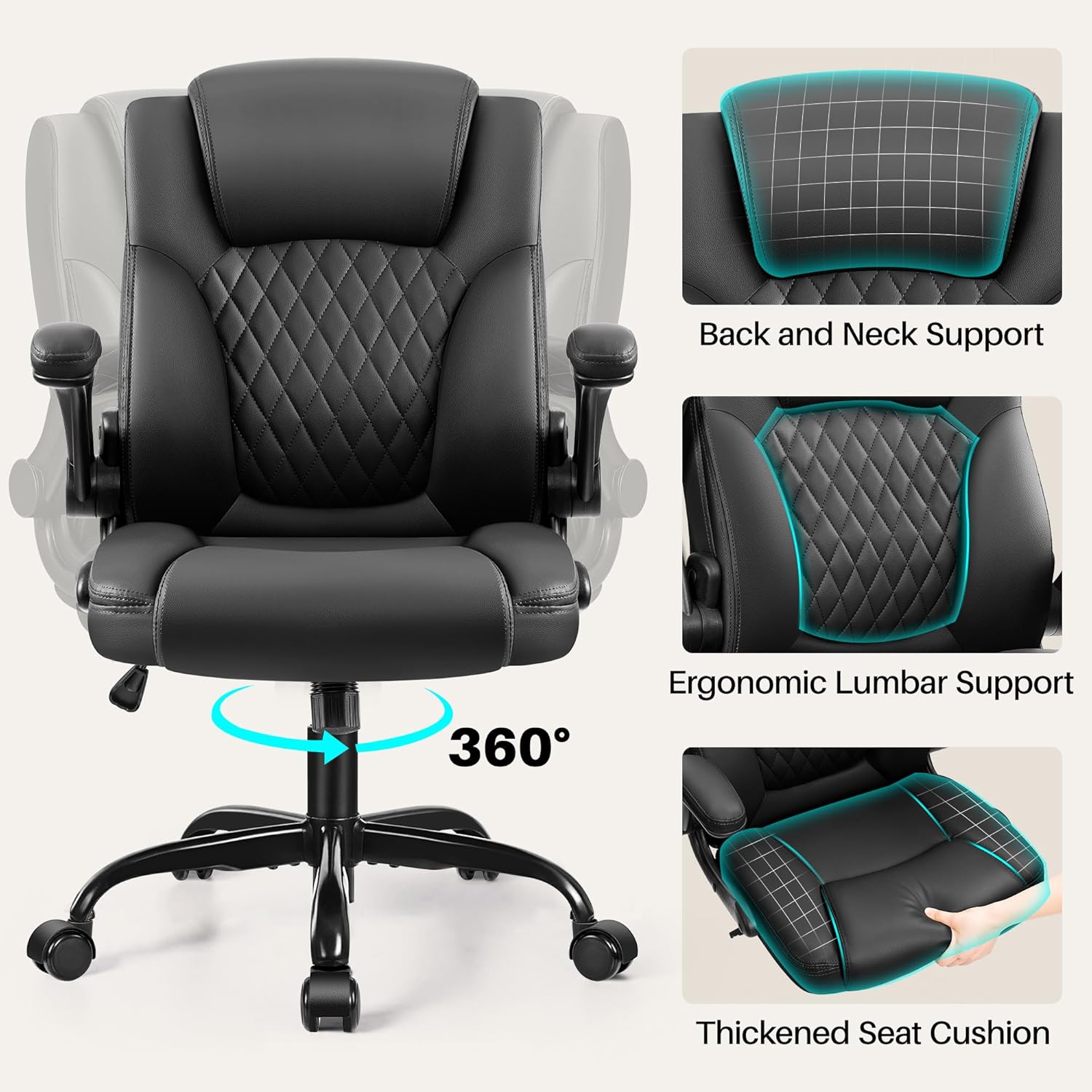 BestEra Leather Office Chair, Ergonomic Executive Desk Chair with Adjustable Armrests, 360° Swivel, High Back & Lumbar Support for Home Office (Black)