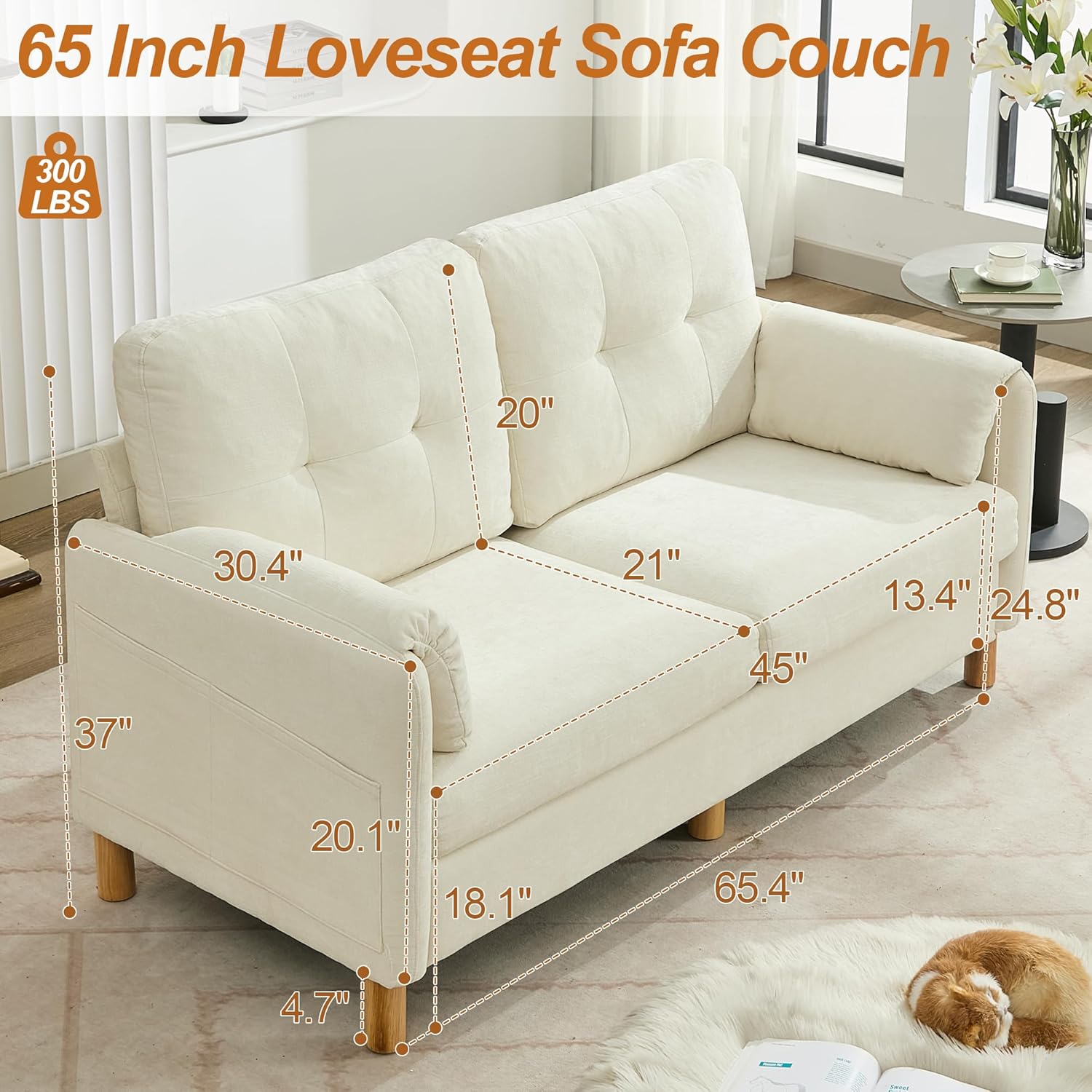 65" Chenille Loveseat Sofa, Modern 2-Seater Love Seat Couch with Armrest Pillows, Storage Pockets, Easy Assembly, Upholstered Tufted Loveseat Sofa Couches for Living Room Bedroom, Beige