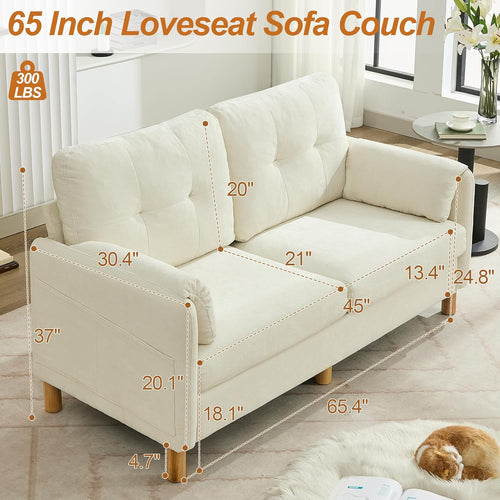 65" Chenille Loveseat Sofa, Modern 2-Seater Love Seat Couch with Armrest Pillows, Storage Pockets, Easy Assembly, Upholstered Tufted Loveseat Sofa Couches for Living Room Bedroom, Beige