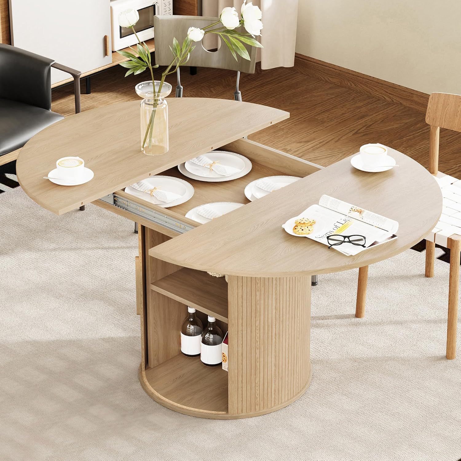 31.5" Round Dining Table for 2-4, Modern Farmhouse Kitchen Table with 2-Tier Storage Shelf, Small Wooden Circle Dining Tables with Fluted Base for Home Dining Room Living Room (Walnut)